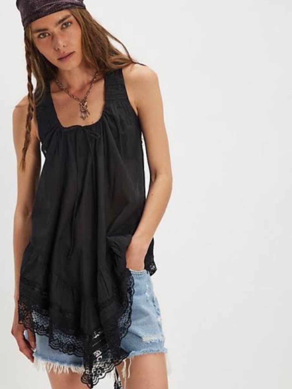 Free People Coretta Tunic Top Sleeveless Drawstring Racer-back Lace Black S